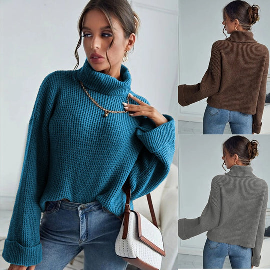 Damen Grobstrick Pullover mit hohem Kragen und lässigem Schnitt Fudus