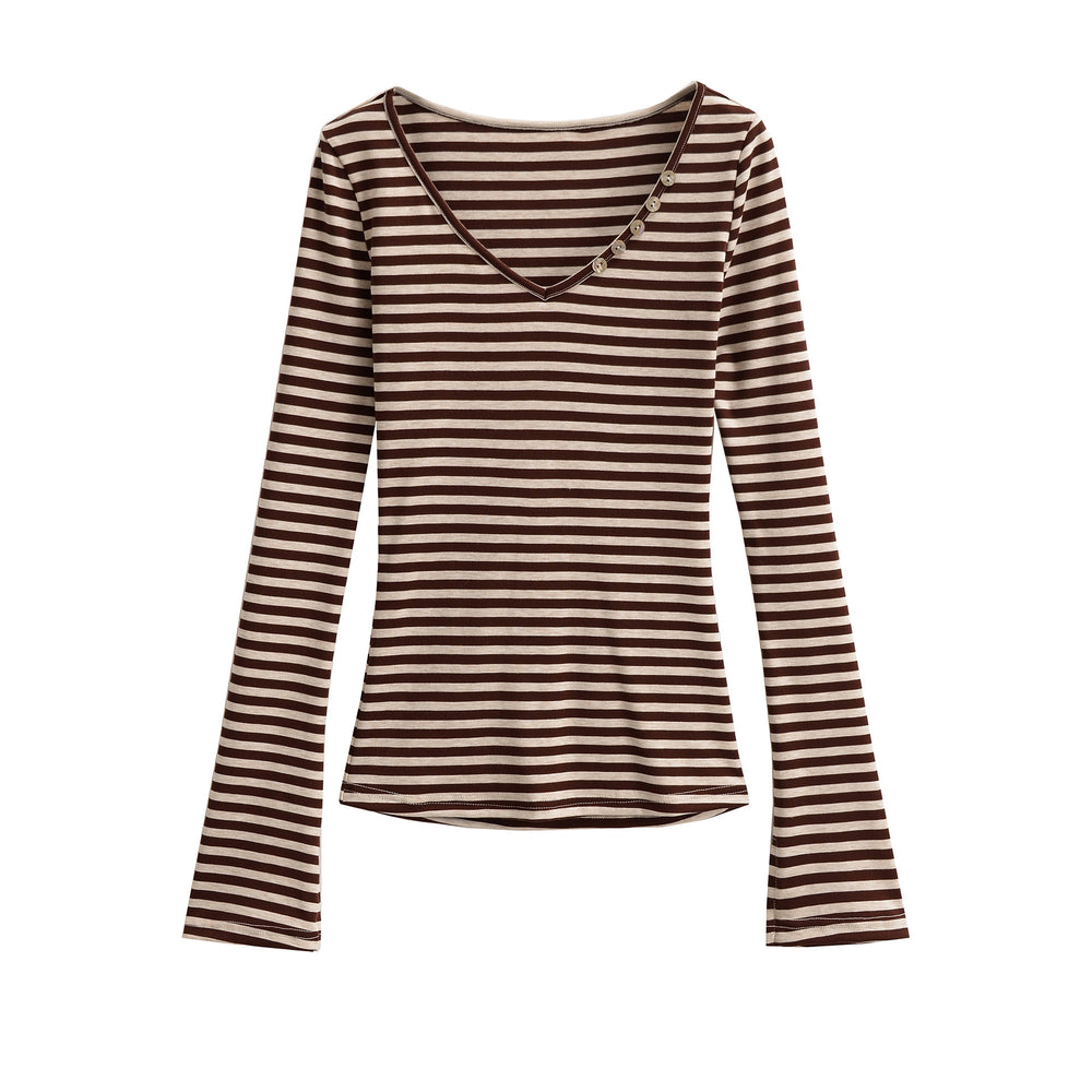 Damen Langarmshirt mit modischem V-Ausschnitt und eleganten Knopfdetails Fudus