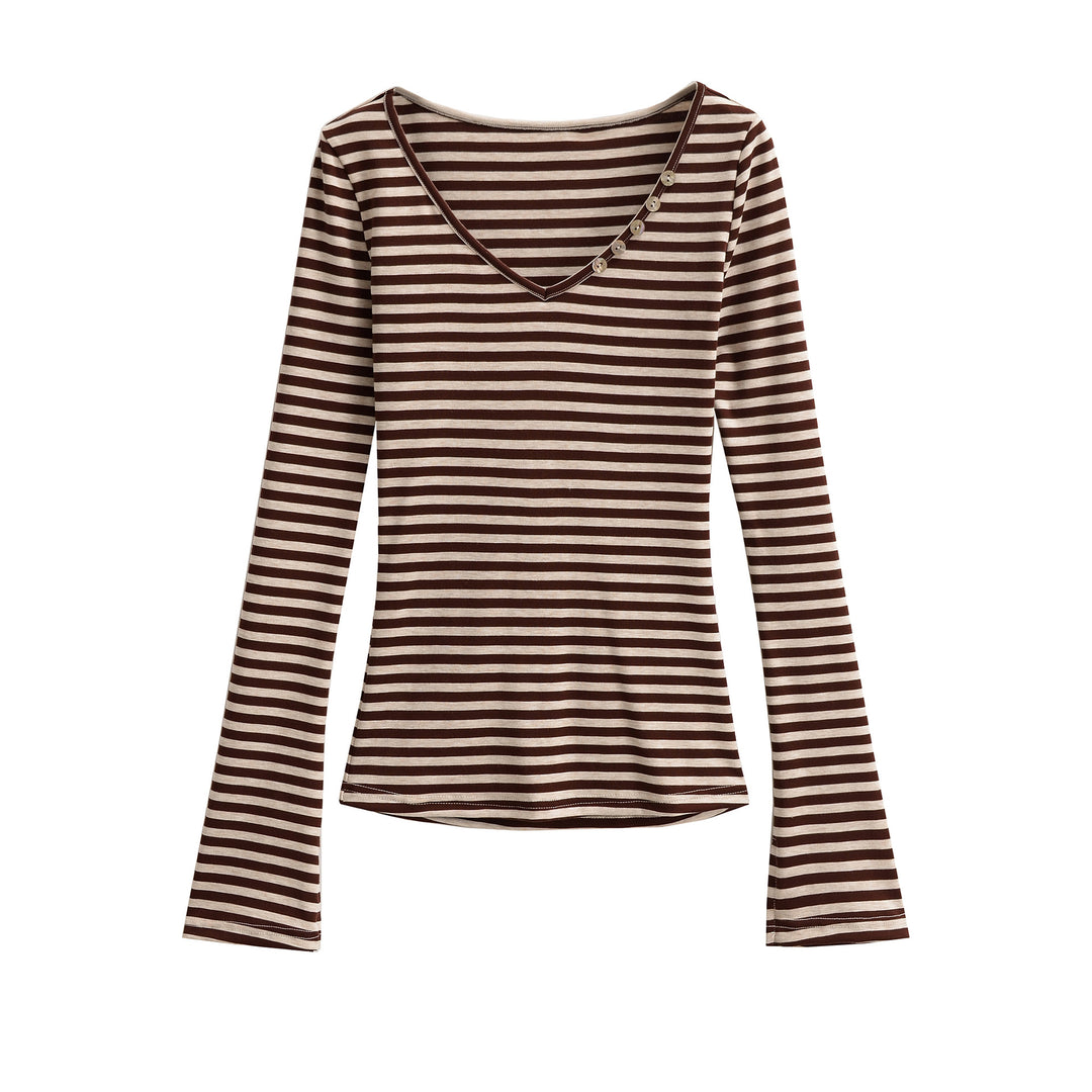 Damen Langarmshirt mit modischem V-Ausschnitt und eleganten Knopfdetails Fudus