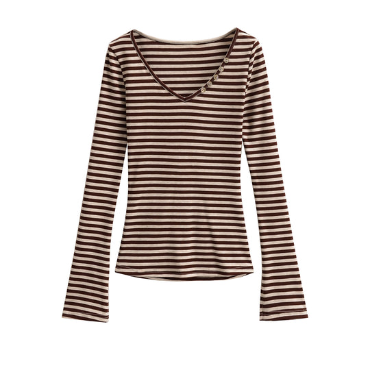 Damen Langarmshirt mit modischem V-Ausschnitt und eleganten Knopfdetails Fudus