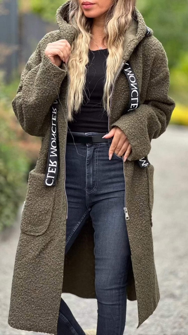 Damen Kuschelige Langjacke mit Kapuze und praktischen Taschen Fudus