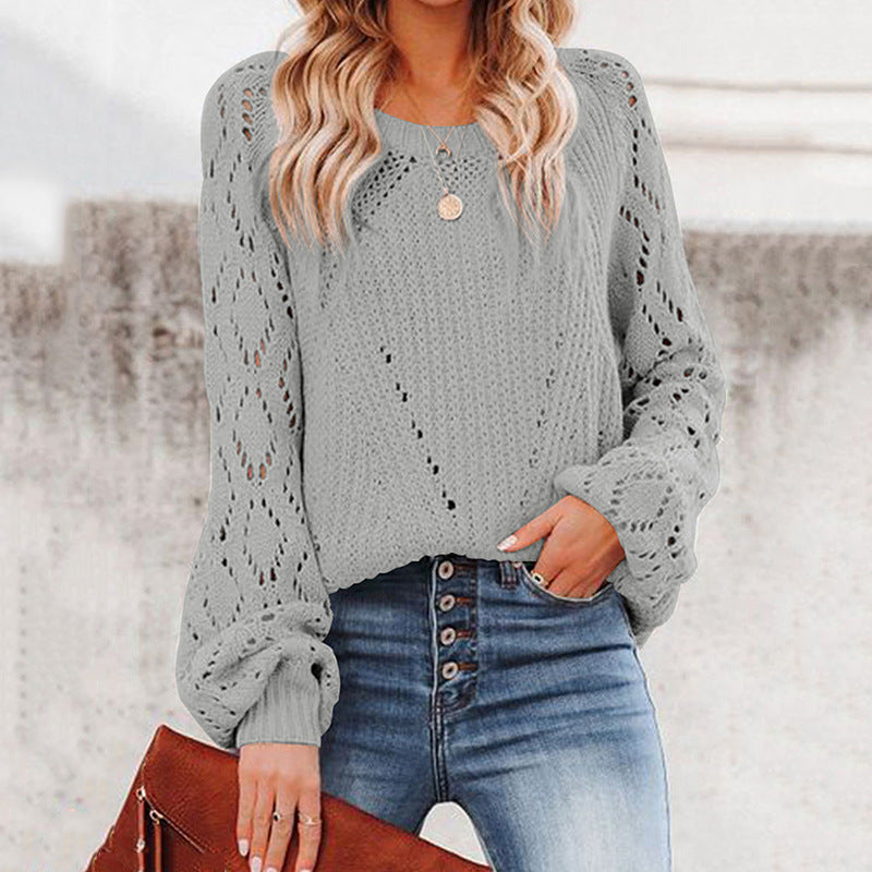 Damen Grobstrickpullover mit V-Ausschnitt und luftigen Ärmelöffnungen Fudus