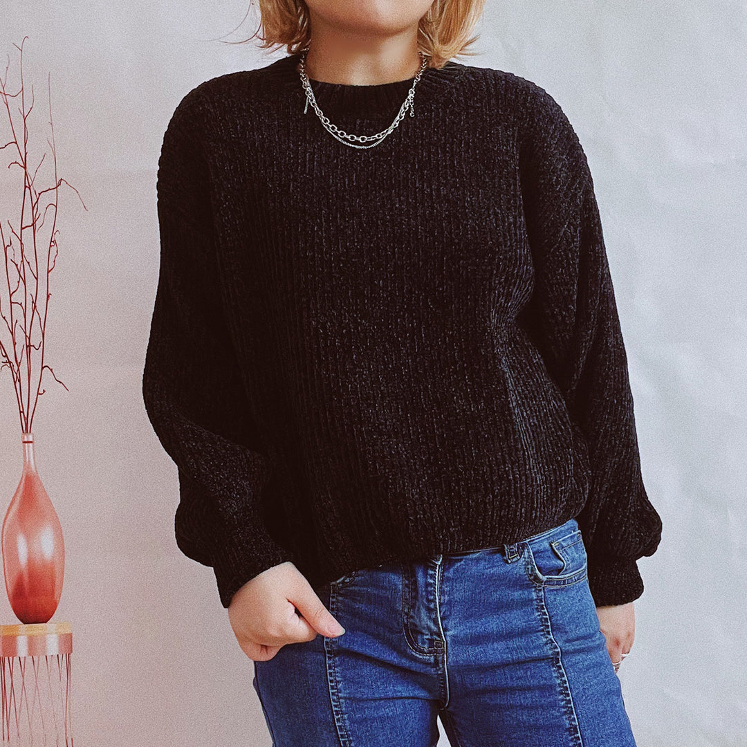 Damen Grobstrickpullover mit romantischem Rippenmuster und weiten Ärmeln Fudus