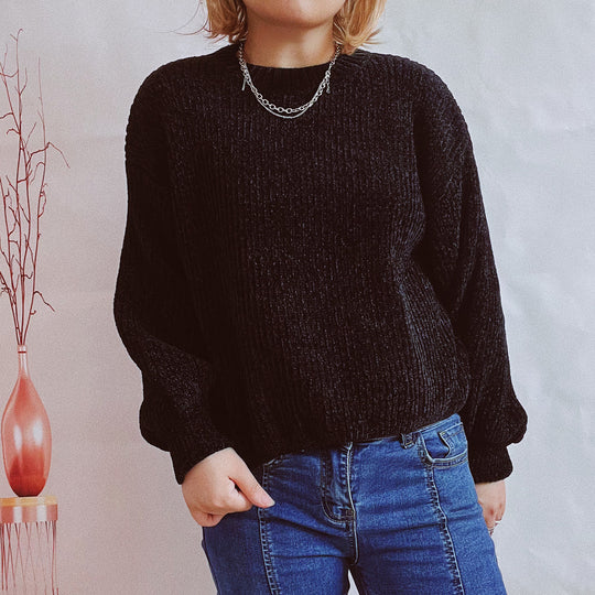 Damen Grobstrickpullover mit romantischem Rippenmuster und weiten Ärmeln Fudus