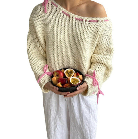 Damen Grobstrickpullover mit verspielten Schleifendetails Fudus