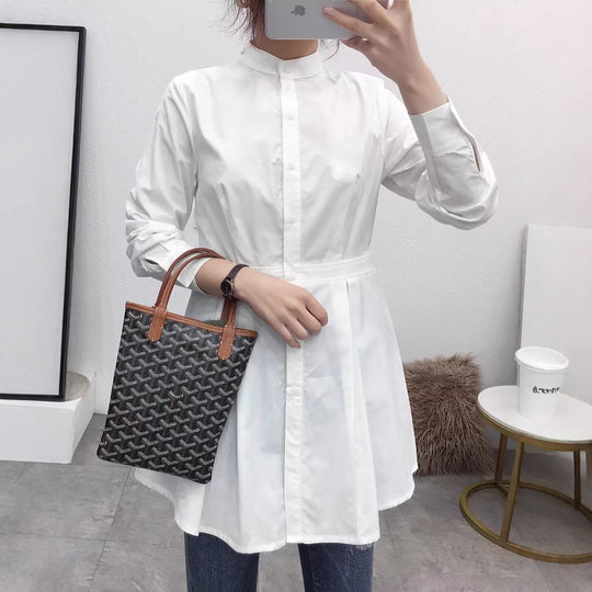 Damen Langarmbluse mit tailliertem Schnitt und knöpfbarem Stehkragen Fudus