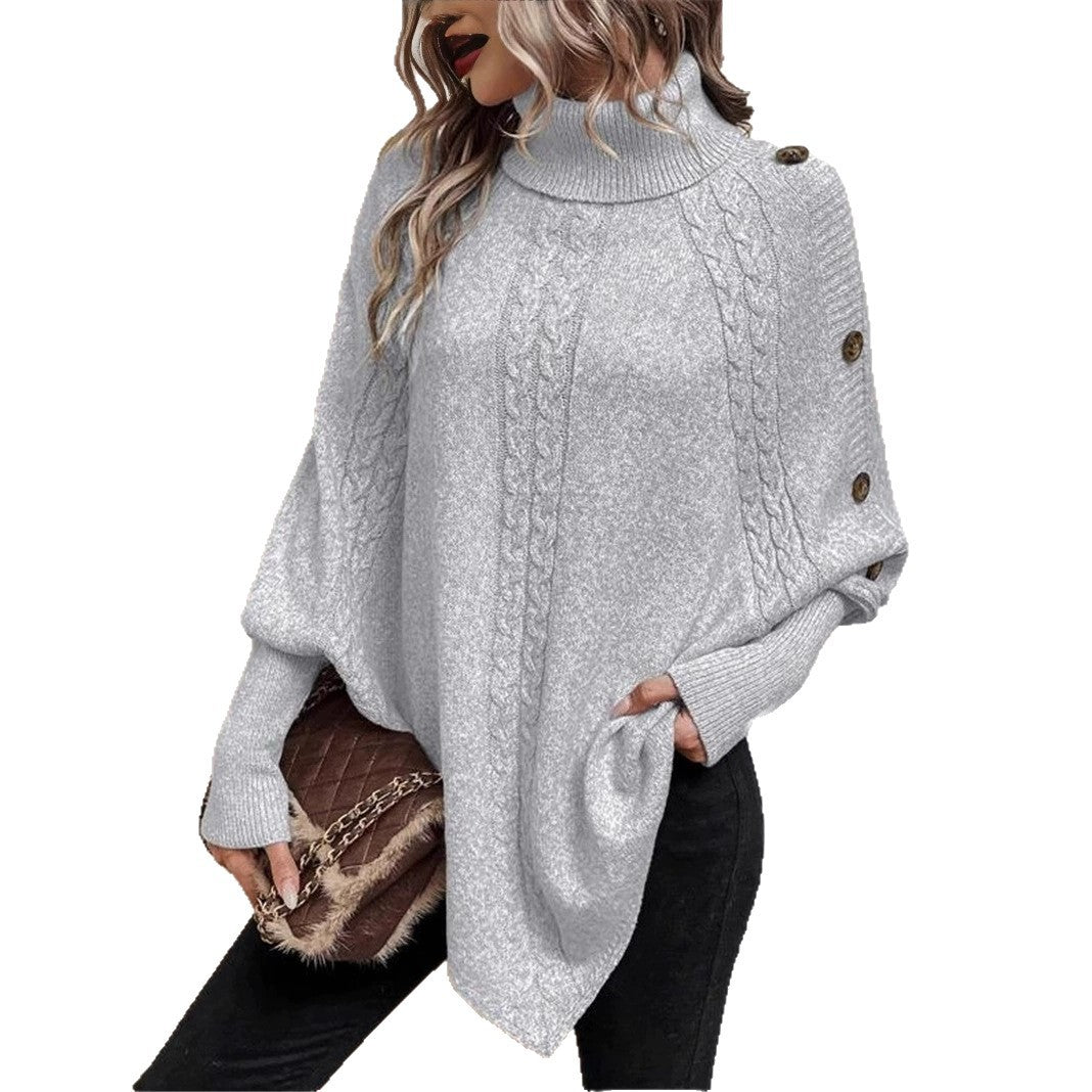 Damen Grobstrick Pullover mit Rollkragen und Knopfdetails Fudus