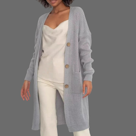 Damen langer Strickcardigan mit Knopfdetails und praktischen Taschen Fudus