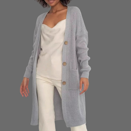 Damen langer Strickcardigan mit Knopfdetails und praktischen Taschen Fudus