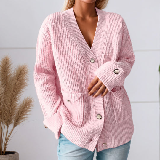 Damen Grobstrickcardigan mit praktischen Taschen und eleganten Knopfdetails Fudus
