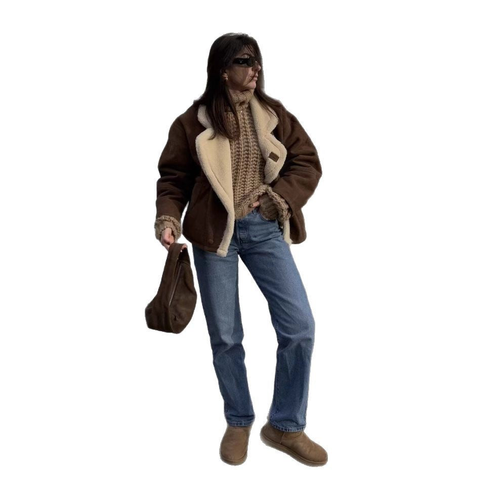 Damen kuschelige Lammfelljacke mit eingefasstem Kragen Fudus