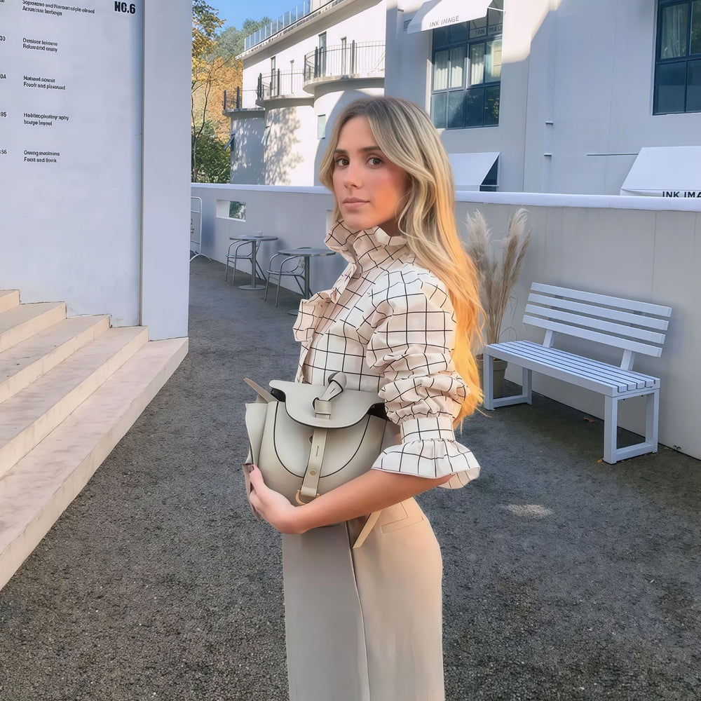 Damen Karierte Bluse mit eleganten Rüschendetails Fudus