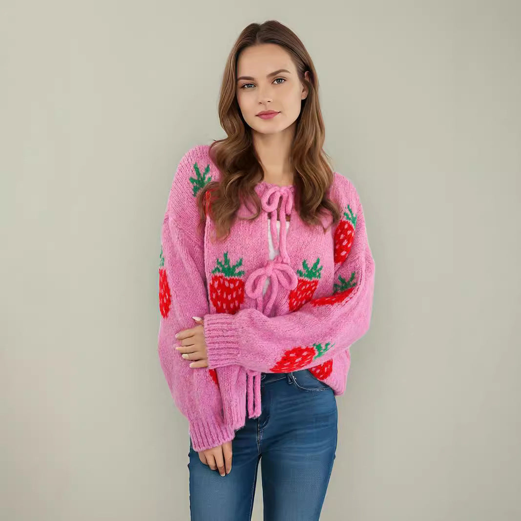 Damen kuscheliger Pullover mit fruchtigem Erdbeer-Motiv Fudus