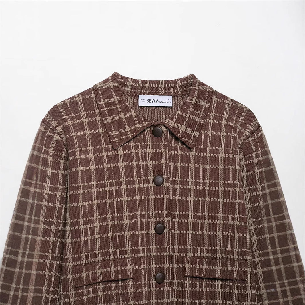 Damen Karierte Kurzjacke mit großen aufgesetzten Taschen und eleganten Knopfdetails Fudus