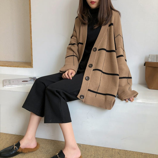 Damen Grobstrickjacke mit modischem Karo-Muster und praktischen Taschen Fudus