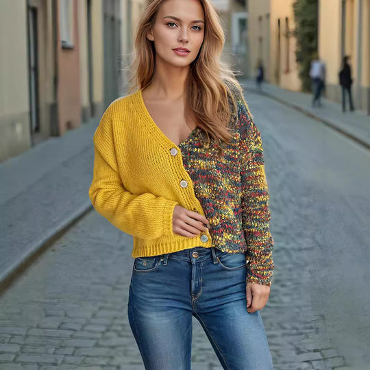 Damen lässige Strickjacke mit farbenfrohen Akzenten und Knopfdetails Fudus