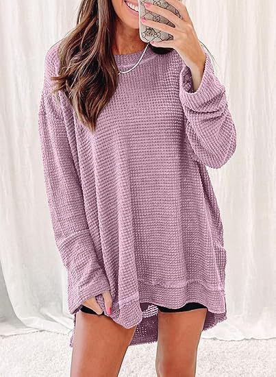 Damen Langärmliger Waffelstrick-Pullover mit offenem Schnitt und Seitenschlitzen Fudus