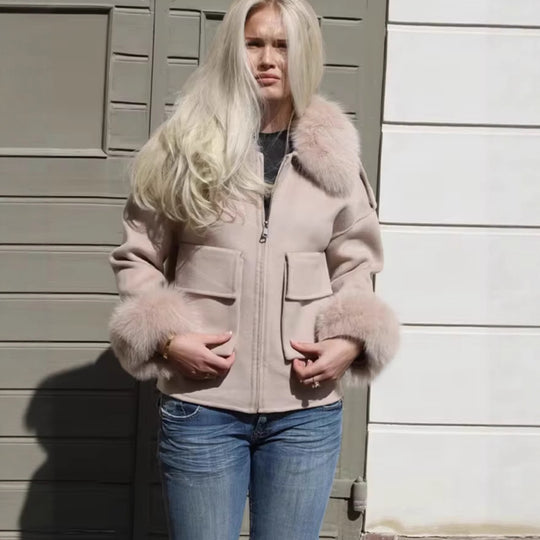 Damen Kunstfelljacke mit Pelzkragen und praktischen Taschen Fudus