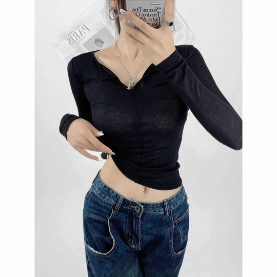 Damen langärmliges Oberteil mit elegantem Ausschnitt Fudus