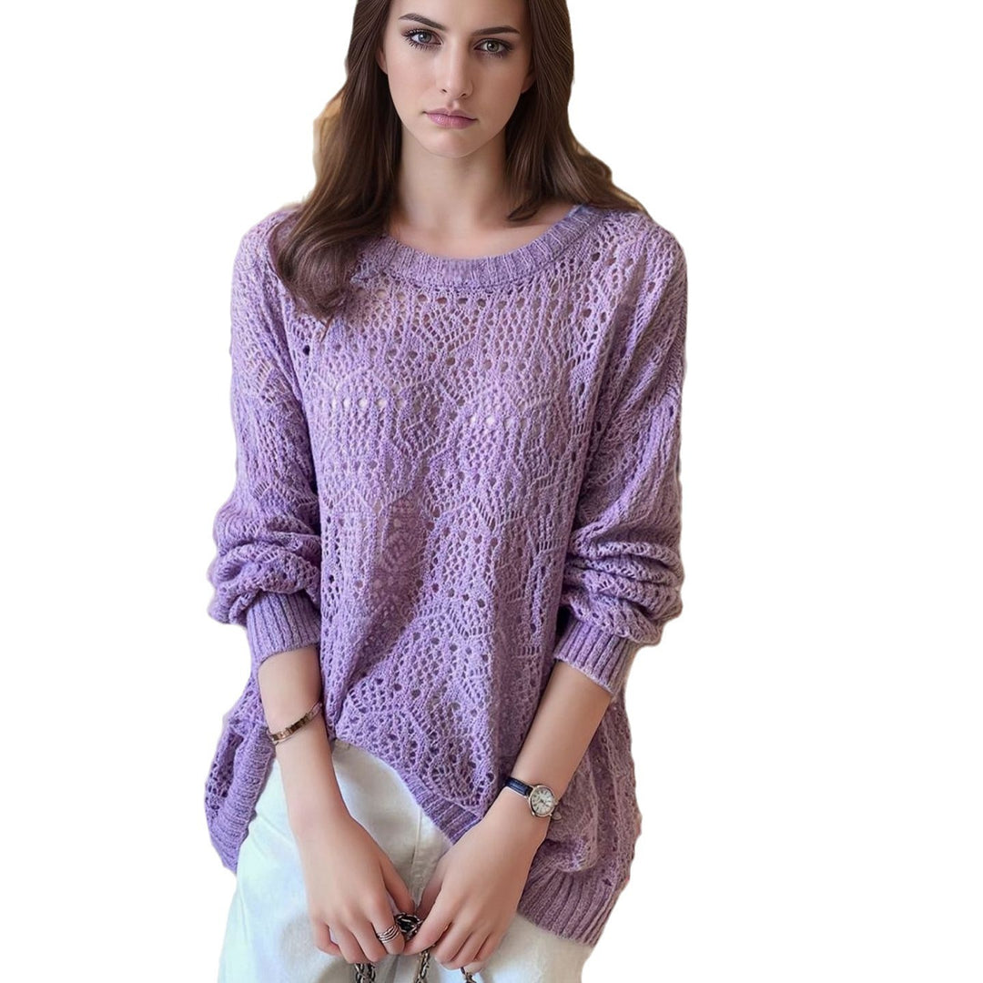 Damen Grobstrick Pullover im modernen Spitzenmuster Fudus