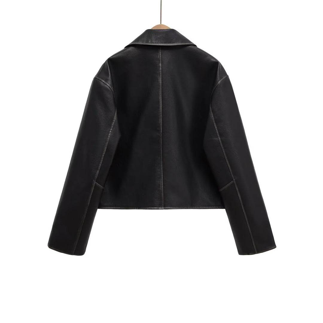 Damen Kurzgeschnittene Lederjacke mit Taschen Fudus