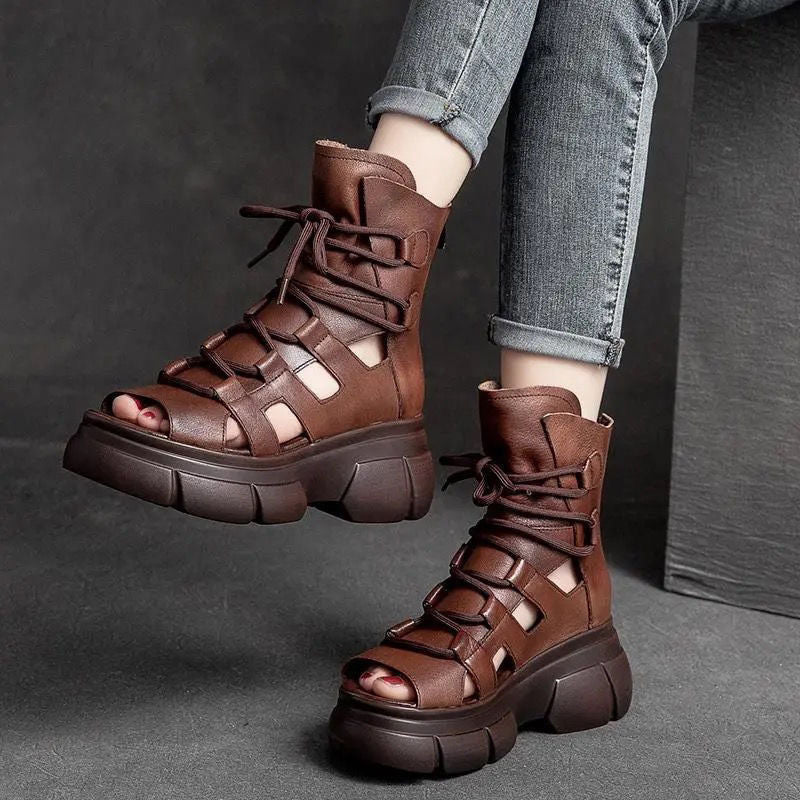 Damen Chunky Sandalen Offene Zehen Sportliches Schnürdesign Leder