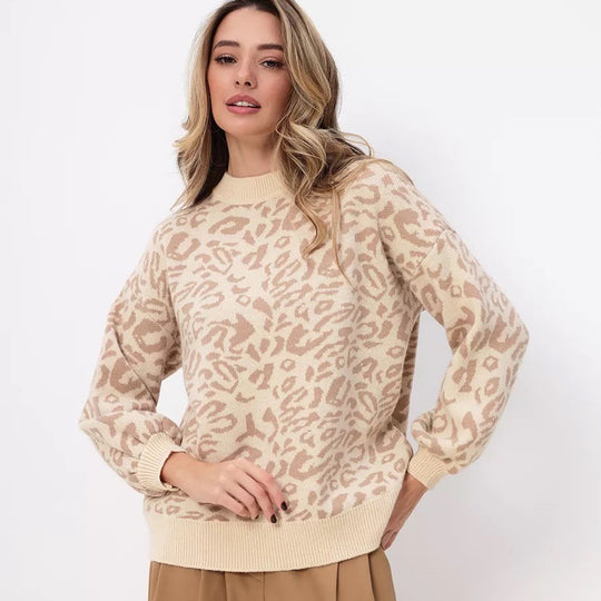 Damen komfortabler Strickpullover mit modernem Leo-Muster und gerippten Abschlüssen Fudus