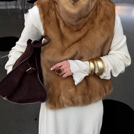 Damen kuschelige Kunstfellweste mit hohem Kragen Fudus