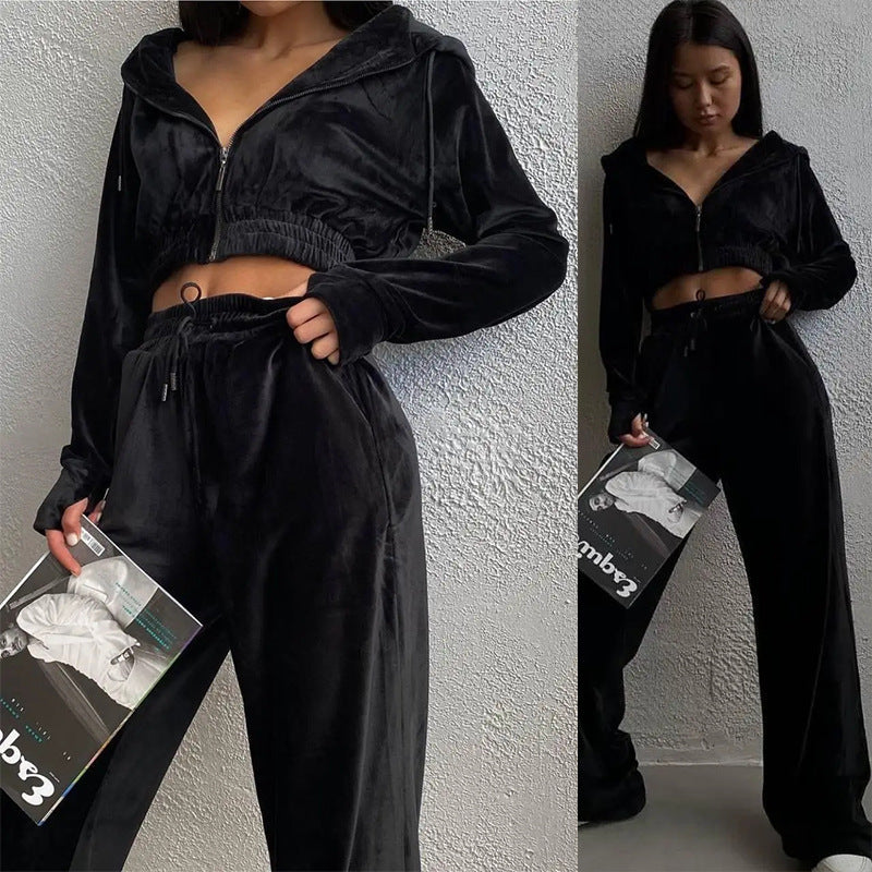 Damen kuscheliges Velours-Lounge-Set mit Kapuze Fudus