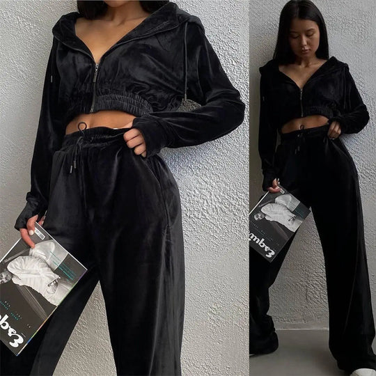 Damen kuscheliges Velours-Lounge-Set mit Kapuze Fudus