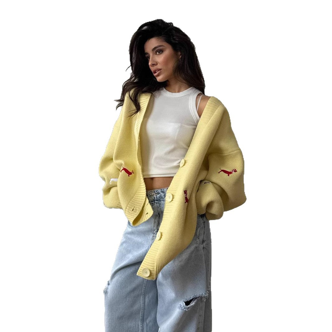 Damen lässige Strickjacke mit einzigartigen Stickerei-Details Fudus