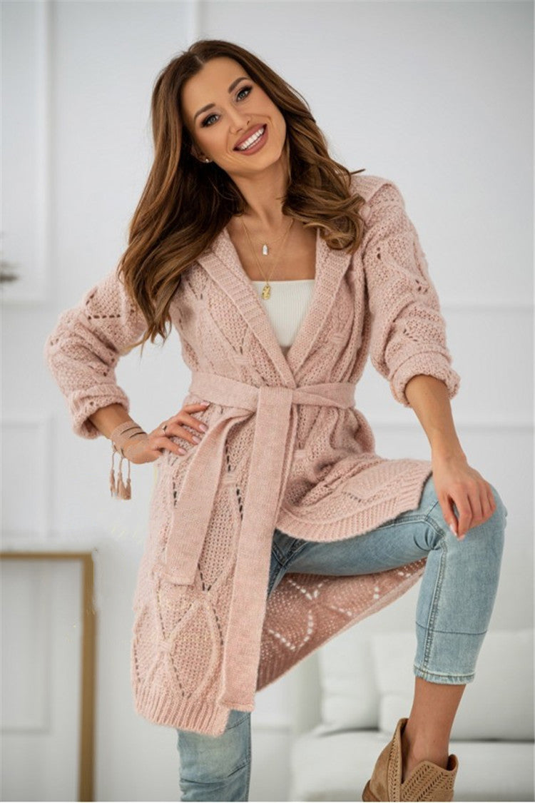 Damen Langer Strickcardigan mit Gürtel und strukturierter Oberfläche Fudus
