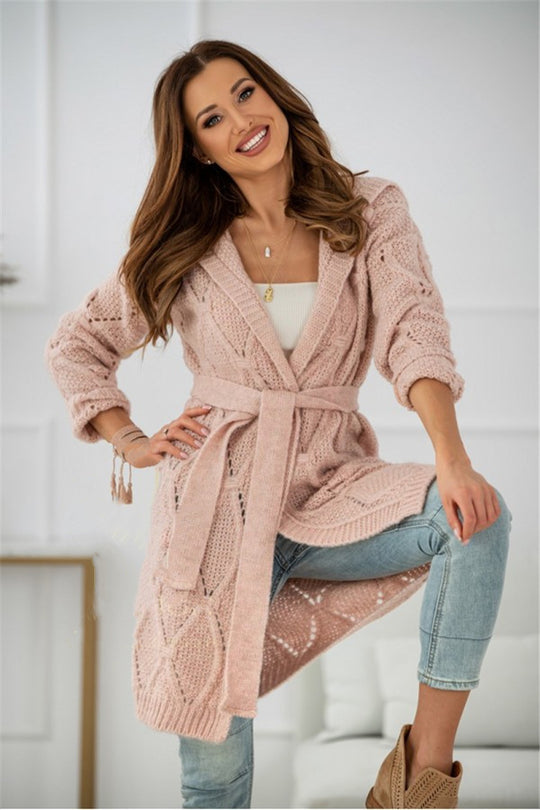 Damen Langer Strickcardigan mit Gürtel und strukturierter Oberfläche Fudus