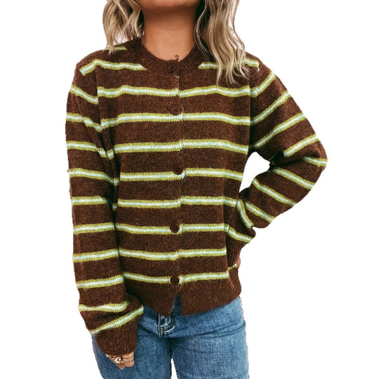 Damen Langärmliger Strickcardigan mit modischem Streifenmuster Fudus