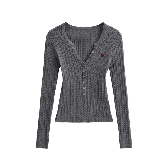 Damen Langarm Strickoberteil mit Knopfleiste und feinem Rippmuster Fudus