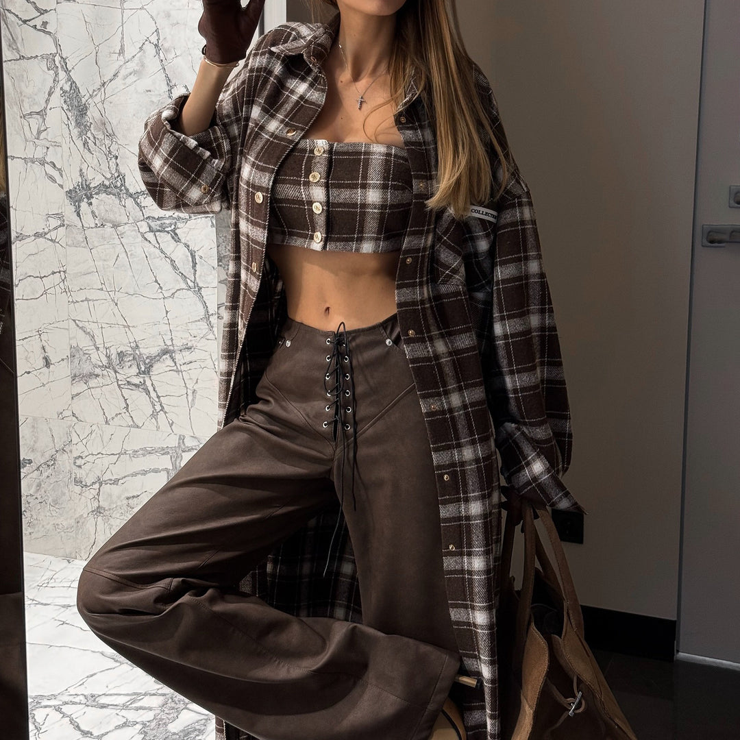 Damen Langes Karo-Hemdkleid mit abnehmbaren Ärmeln Fudus