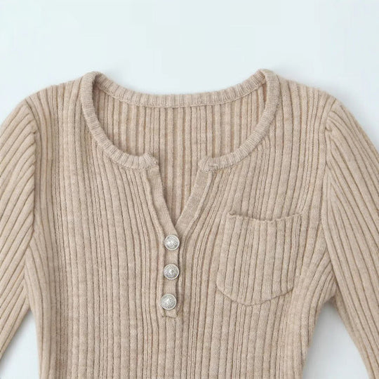 Damen Langarmshirt mit strukturiertem Rippdesign und eleganten Knopfdetails Fudus