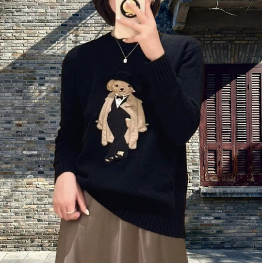 Damen kuscheliger Strickpullover mit dekorativem Bären-Motiv Fudus