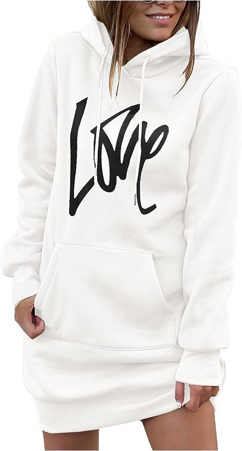 Damen Hoodie-Kleid mit Kängurutasche und auffälligem Schriftzug Fudus