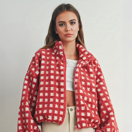 Damen kuschelige Oversized Fleecejacke mit Karomuster und hohem Kragen Fudus