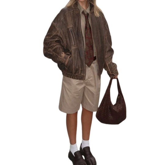 Damen Lässige Lederjacke im Vintage-Stil mit elastischem Bund Fudus