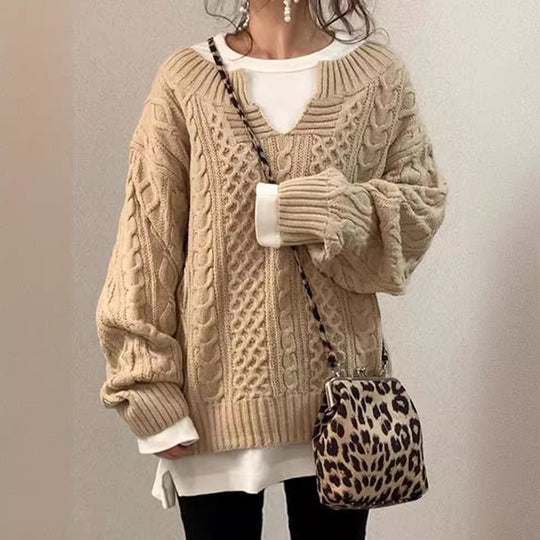 Damen Grobstrickpullover mit V-Ausschnitt und modischem Zopfdesign Fudus