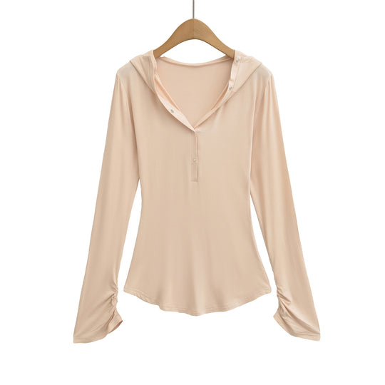 Damen langärmliges Kapuzenshirt mit modischen Knopfdetails Fudus