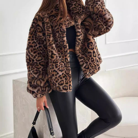 Damen Kunstfelljacke im modischen Leopardenmuster Fudus