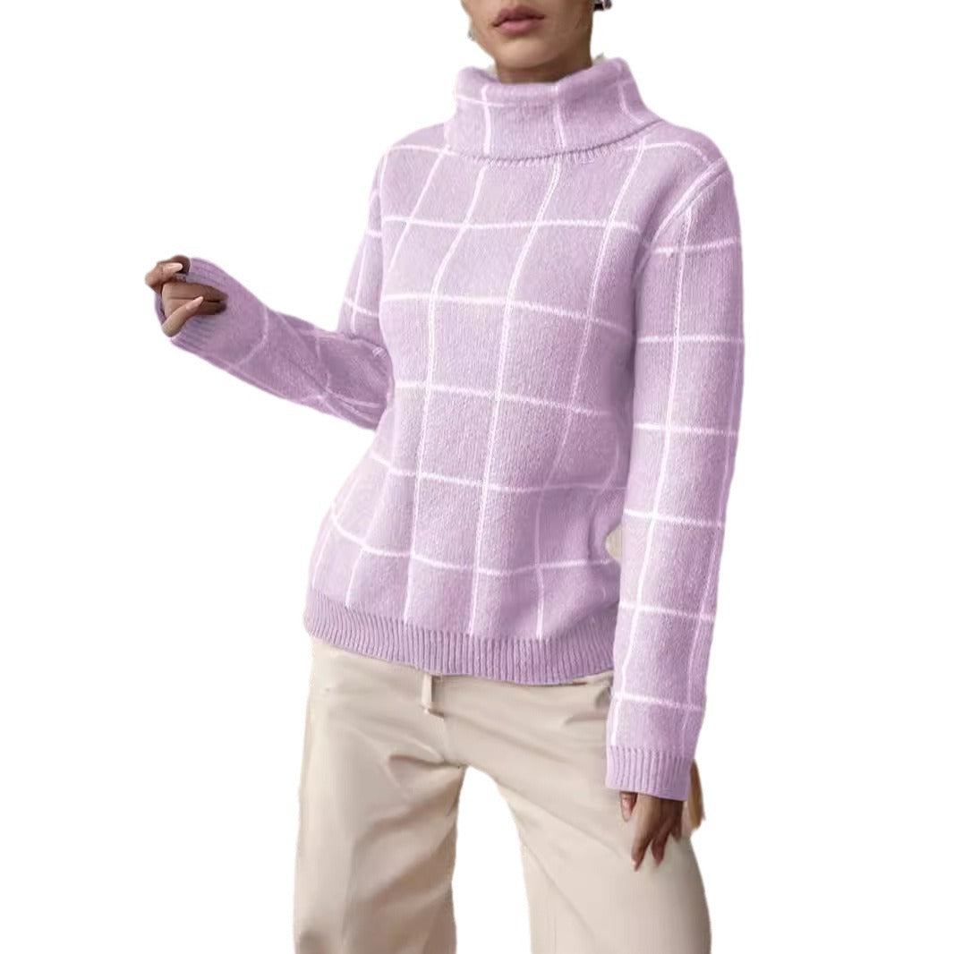 Damen Grobstrickpullover mit modernem Karomuster und hohem Kragen Fudus