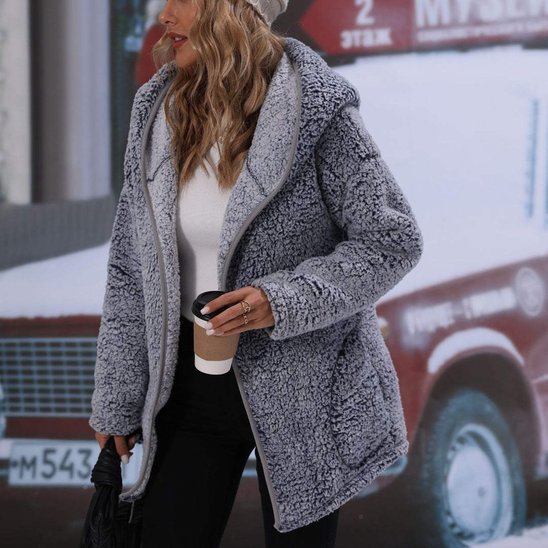 Damen Kuschelige Oversized-Jacke mit hohem Kragen und großen Taschen Fudus