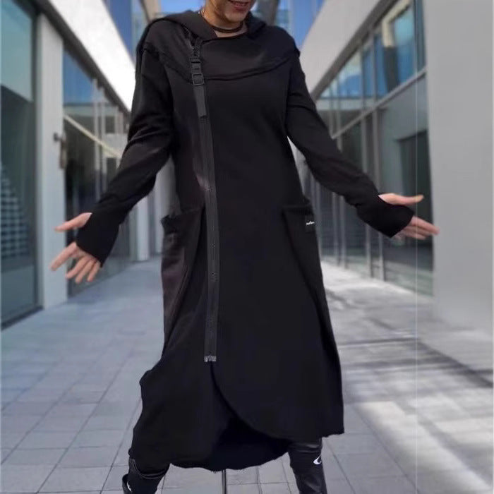 Damen modischer Kapuzenmantel mit seitlichen Taschen und asymmetrischem Saum Fudus