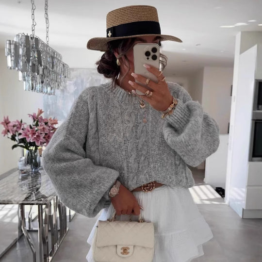 Damen Grobstrickpullover mit voluminösen Ärmeln und romantischem Zopfdesign Fudus