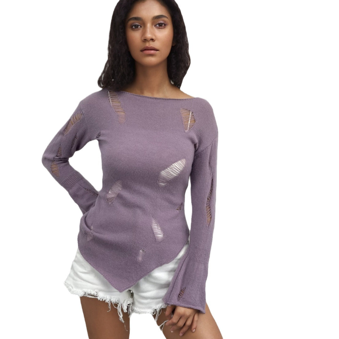 Damen modischer Lockere Pullover mit Lochmuster Fudus