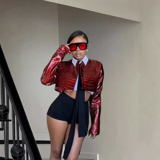 Damen Kunstlederjacke im modernen Krokodil-Design Fudus